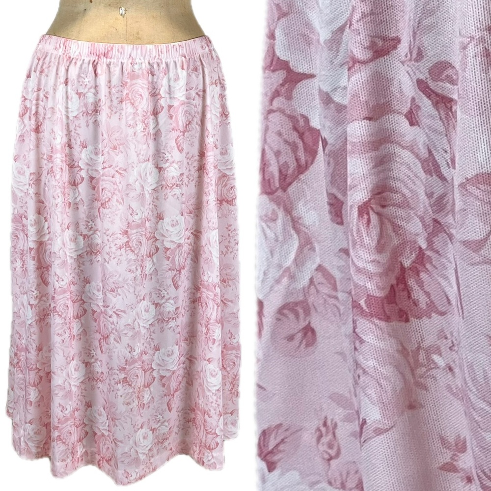 VINTAGE 80s cottage rose pink floral skirt elastic pull on waist midi Victorian